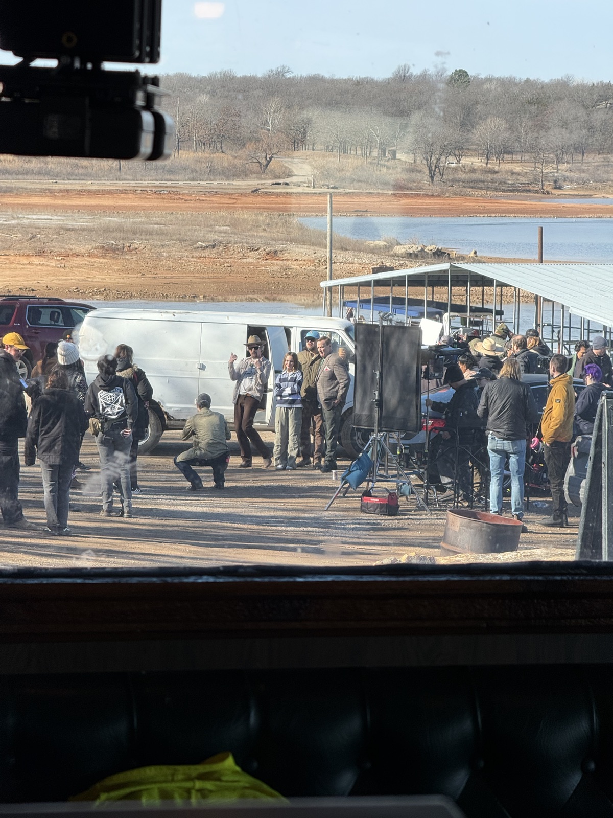 The exterior filming setup viewed through the diner window